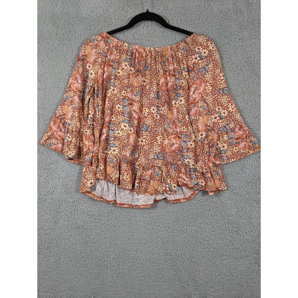 Style & Co Peasant Blouse Women SP Brown Floral Rayon Ruffle Bell Sleeve Boho